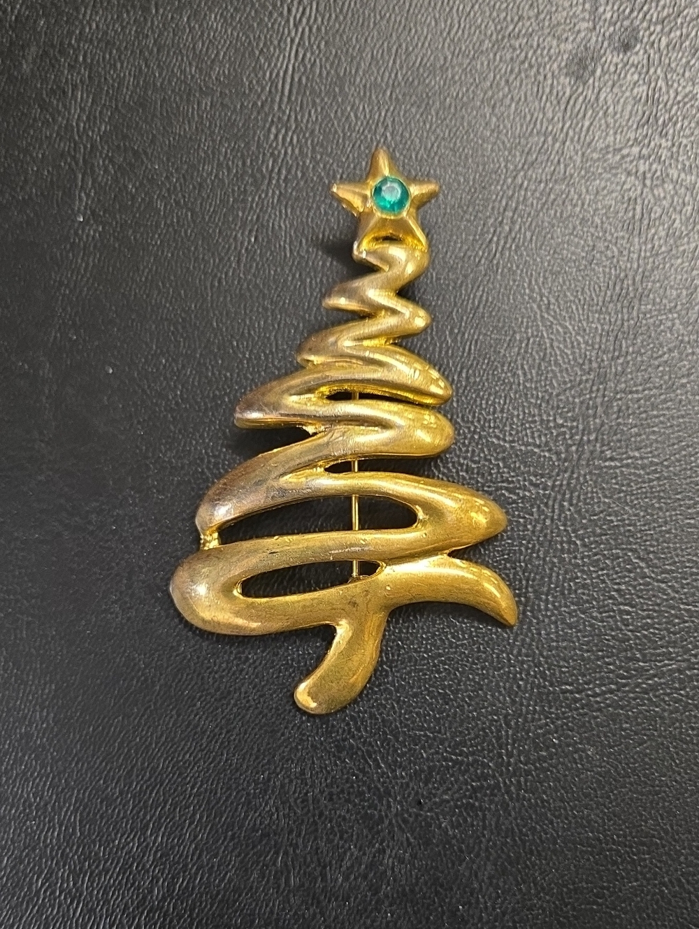Gold-tone Christmas Tree Brooch with Green Gem Accent